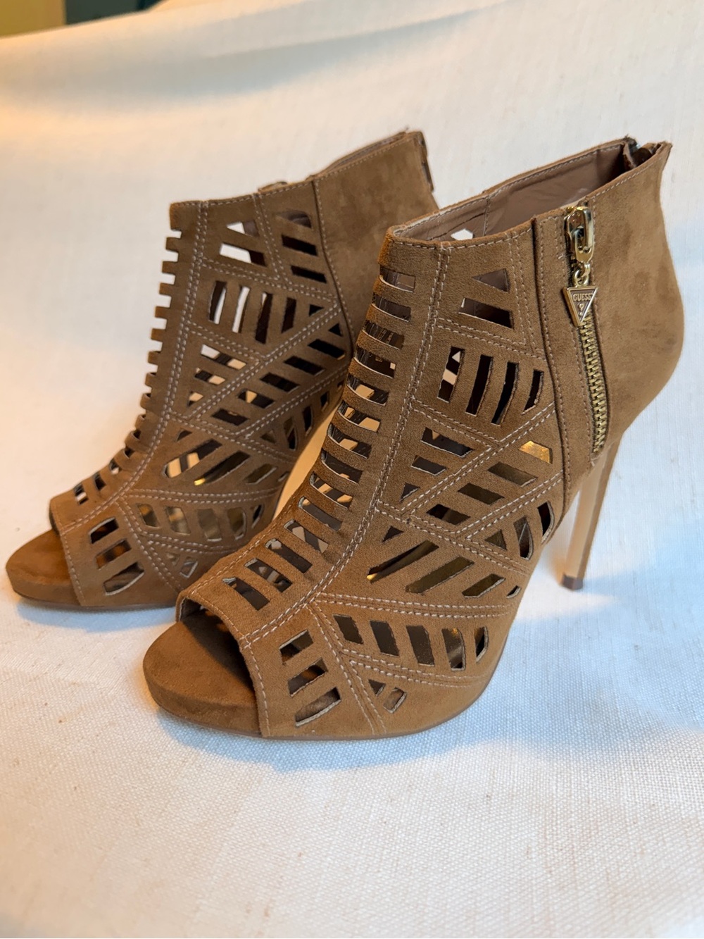 GUESS Tan Laser Cut Cage Peep Toe Stiletto Ankle Booties Size 7M